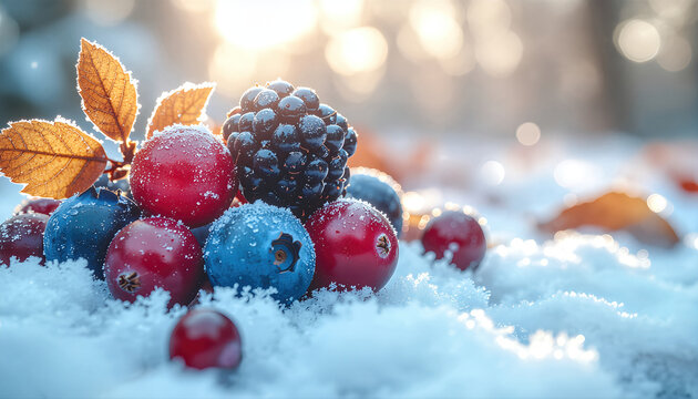 Frozen berry collection with blackberry blueberry raspberry cranberry resting on snow surface with autumn leaf winter seasonal composition