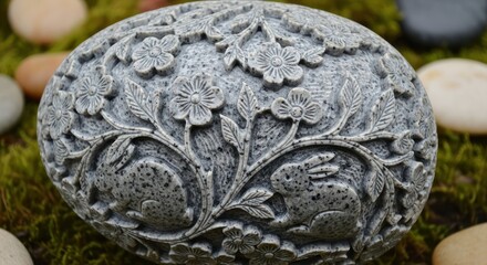 Intricate stone carving featuring rabbits and floral designs in a garden setting