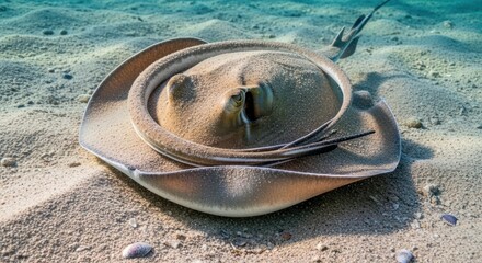 A majestic stingray resting gracefully on the sandy seabed of a turquoise ocean landscape