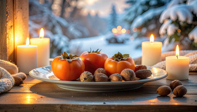 Persimmon and walnuts on plate by candlelight with snowy window and cozy winter ambiance