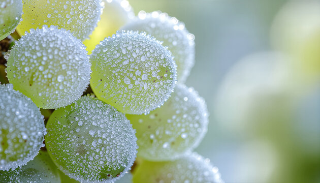 Frozen grape cluster covered with delicate ice crystal formation creating natural winter pattern on vine with soft bokeh background