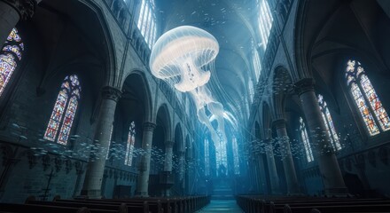 Surreal underwater cathedral scene with jellyfish floating among pews and stained glass