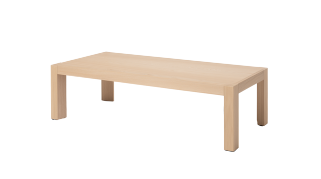 Modern minimalist wooden table with light natural finish on transparent background