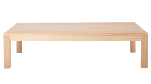 Minimalist wooden table with square legs on transparent background