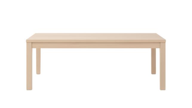 Minimalist wooden table with tapered legs on transparent background