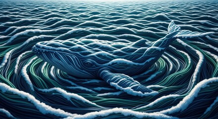 Whale amidst stylized ocean waves capturing marine life and artistic representation