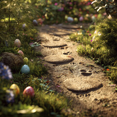 path of easter egg hunt through the woods 