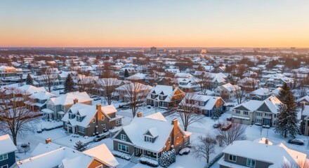 Panoramic winter landscape of suburban homes covered in fresh snow under a pastel sky