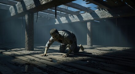 Horrific Crawl: A Terrifying Zombie Figure Beneath a Decaying Structure Horror
