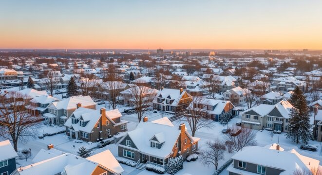 Panoramic winter landscape of suburban homes covered in fresh snow under a pastel sky