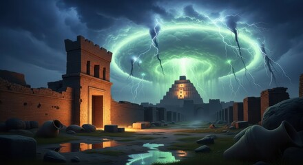 Ancient city landscape with mysterious green celestial phenomenon and stormy sky