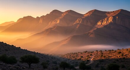 Golden light bathes the rugged mountains in a serene and misty landscape