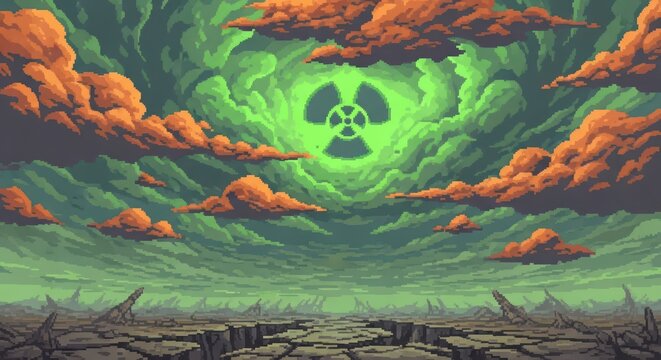 Pixelated landscape with radioactive symbol glowing amidst orange clouds after apocalypse