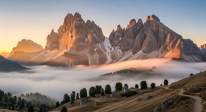 Scenic view of the dolomites mountains shrouded in mist at sunrise - Powered by Adobe