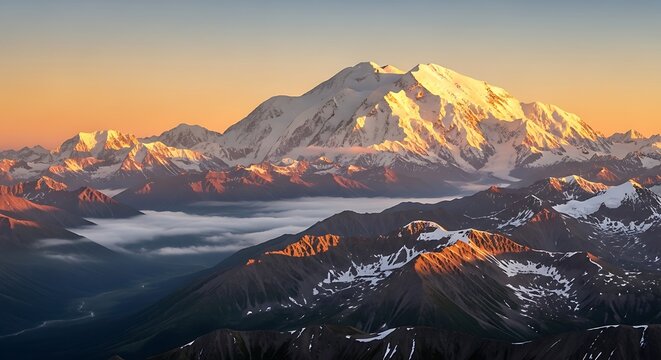 Mount baker covered in snow at sunset with the cascade mountains around it