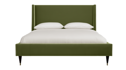 Modern upholstered bed with green headboard and white linens on transparent background