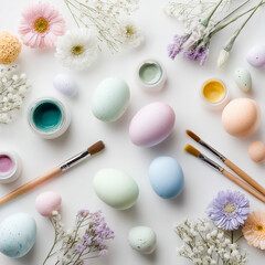 set of easter eggs and flowers with paint brushes 