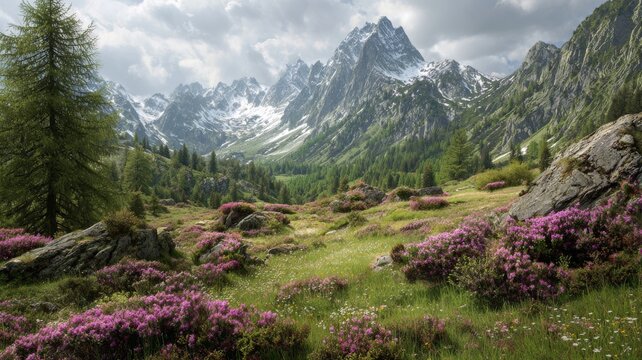 Idyllic alpine mountain landscape with vibrant spring meadows, lush green slopes, wildflowers in full bloom, and majestic snow-capped peaks under clear bright sky in peaceful european wilderness - Powered by Adobe