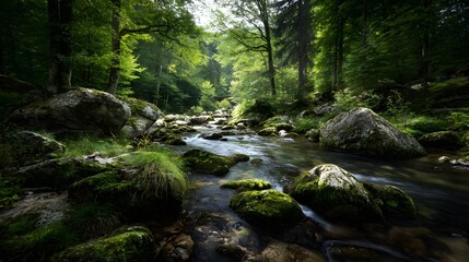 Obraz premium Serene Forest Stream Flowing Over Mossy Rocks Amidst Lush Green Trees.