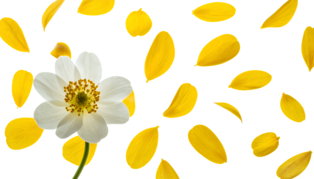 Delicate White Flower with Falling Yellow Petals A Symbol of Renewal and Beauty