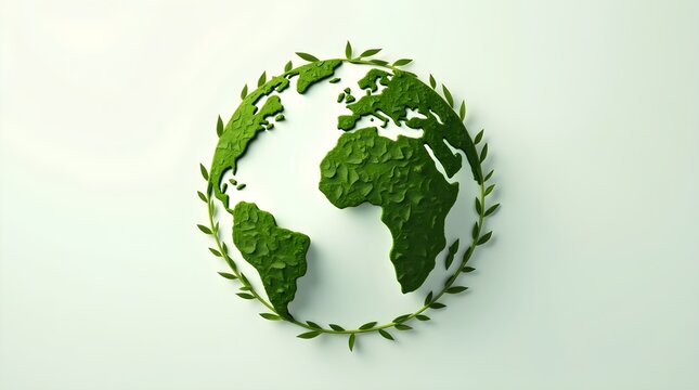 A green earth globe with continents and a leafy wreath on a white background in a top down view