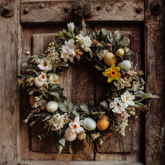 easter wreath on wooden background