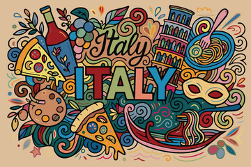 Colorful vector background featuring cute Italy themed doodles, including landmarks, food icons, and playful motifs arranged in a lively, cheerful, and fun illustrated pattern.