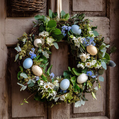 easter wreath hung on wooden door for spring 