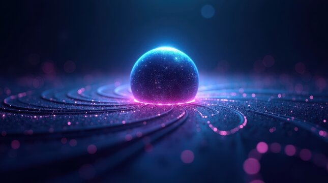 Glowing sphere on a spiral surface with blue and pink hues in a dark abstract background