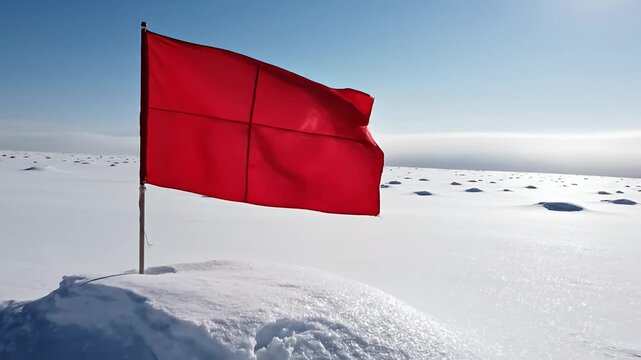 Dynamic Red Flag Fluttering in the Wind Against a Brilliant Blue Sky Over a Wide Expanse of Sparkling White Snow Capturing Winter Wilderness and Arctic Exploration