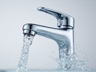 Shiny faucet pouring clear water into a sink, creating splashes and reflecting light in a bright bathroom setting plumbing