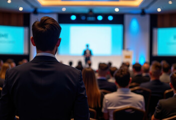 Fototapeta premium Business and entrepreneurship symposium. Speaker giving a talk at business meeting. Audience in conference hall. Rear view of unrecognized participant in audience.