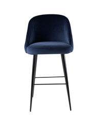 Modern bar stool with deep blue velvet upholstery and black metal legs on transparent background