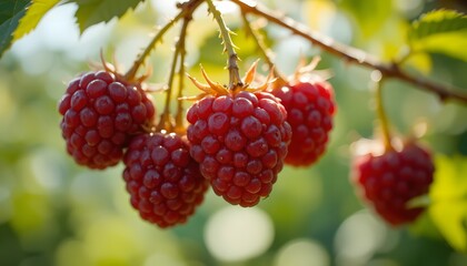 fresh ripe red raspberries hanging on vine in sunlight macro