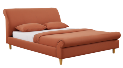 Minimalist terracotta upholstered bed with golden legs and matching bedding on transparent background