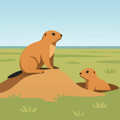 Square Realistic Black-Tailed Prairie Dog Illustration in Prairie Burrow with Flat Colors”