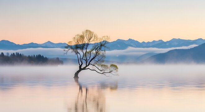 Serene Solitude of Wanaka Tree: A lone, elegant willow tree stands in tranquil isolation amidst the ethereal mist of Lake Wanaka. The scene embodies peace and natural beauty
