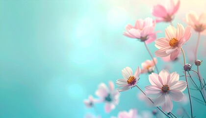 Delicate pink and white flowers bloom against a soft teal background with dreamy light