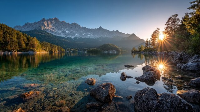 Impressive summer sunrise over eibsee lake with zugspitze mountain range in the german alps, scenic reflection on calm waters, lush alpine surroundings, bavaria, germany, europe, breathtaking natural  - Powered by Adobe