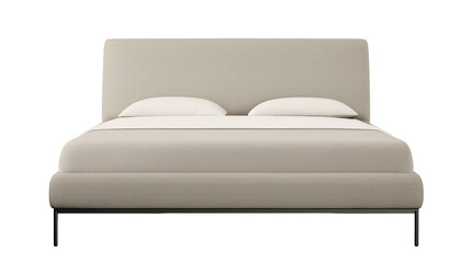 Modern minimalist bed with beige upholstered headboard, white pillows, and black metal legs on transparent background