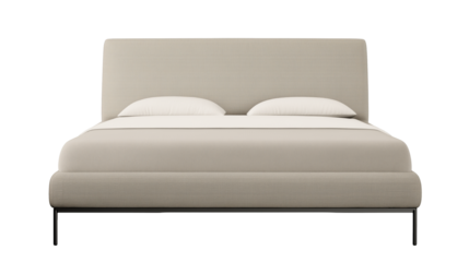 Modern minimalist bed with beige upholstered headboard, white pillows, and black metal legs on transparent background