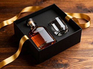 Amber whiskey bottle and glass in elegant black and gold gift box, perfect for festive or anniversary occasion
