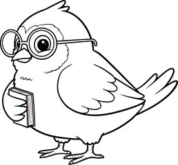 Cartoon Bird Wearing Glasses Holding Book in Hand Cute Educational Illustration