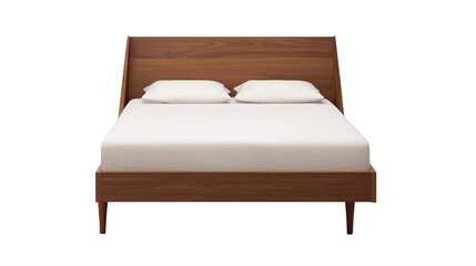 Dark wooden bed frame with white mattress and striped pillows on transparent background