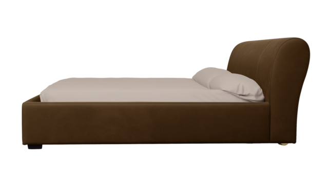 Modern minimalist bed with brown upholstered headboard and beige mattress on transparent background