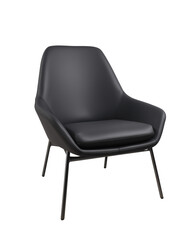 Fototapeta premium Modern lounge chair with black leather upholstery and metal legs on transparent background