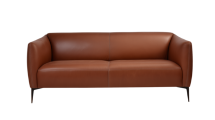 Modern brown leather sofa with minimalist design on transparent background
