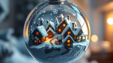 Enchanting snow globe with cozy village scene and warm glowing lights inside