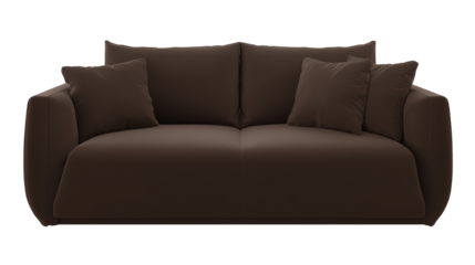 Modern dark brown sofa with sleek minimalist design and four matching cushions on transparent background