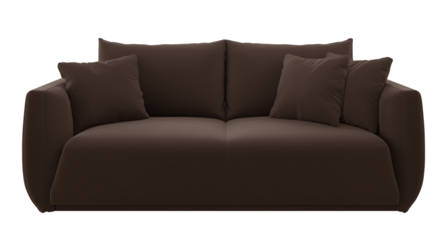Modern dark brown sofa with sleek minimalist design and four matching cushions on transparent background